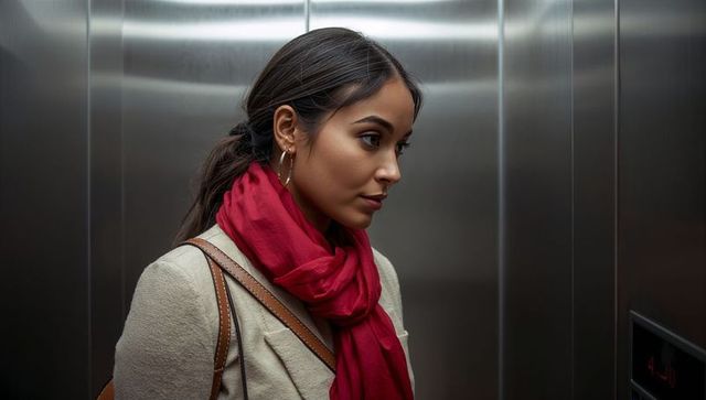 Businesswoman in elevator wearing red scarf, looking confident and stylish