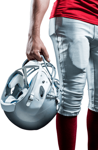American football player holding helmet in transparent background