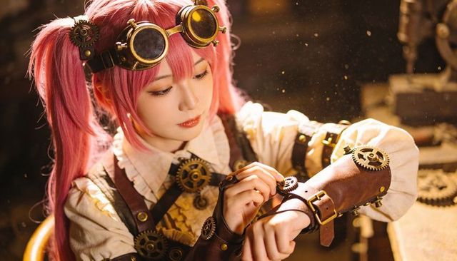 Steampunk cosplayer adjusting leather wrist bracer with brass gears at vintage workshop bench