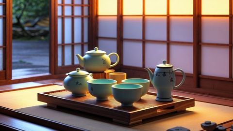 Traditional japanese anime tea set in tranquil tea room
