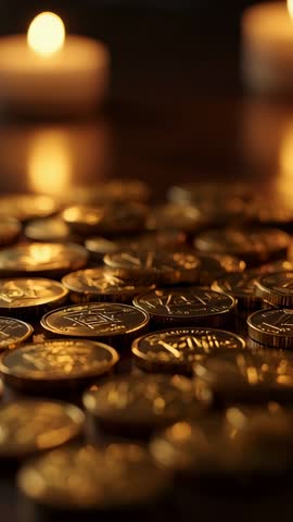 Vertical video flickering candlelight reflecting on stacked gold coins on wooden table