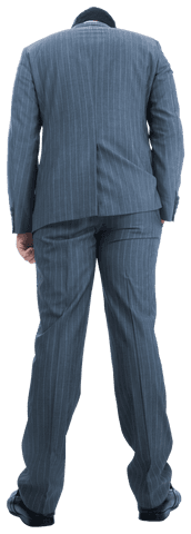Rear View of Biracial Businessman in Blue Pinstriped Suit on Transparent Background