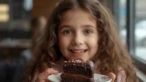 Joyful Child Holding Chocolate Cake Slice by Cafeteria Window