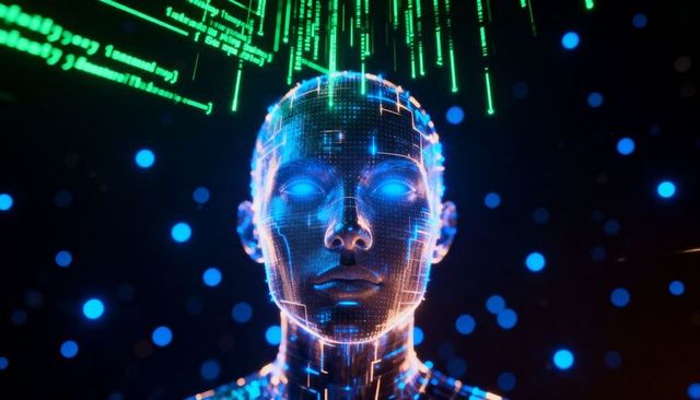 Neon Digital Humanoid Head with Circuitry and Falling Code Representing AI Intelligence