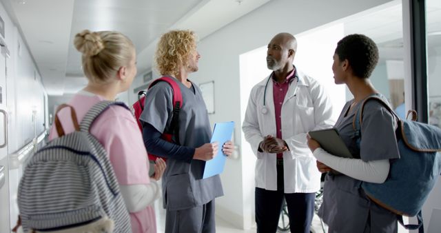 Health professionals having discussion in hospital corridor - Download Free Stock Images Pikwizard.com