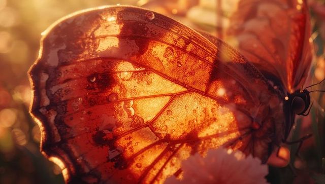 Close-Up of Dewy Orange Butterfly Wing in Garden