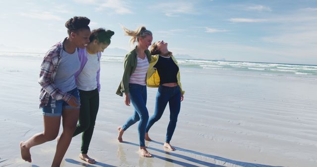Happy group of diverse female friends having fun, walking along beach - Download Free Stock Photos Pikwizard.com
