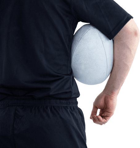Back view rugby player holding rugby ball transparent background