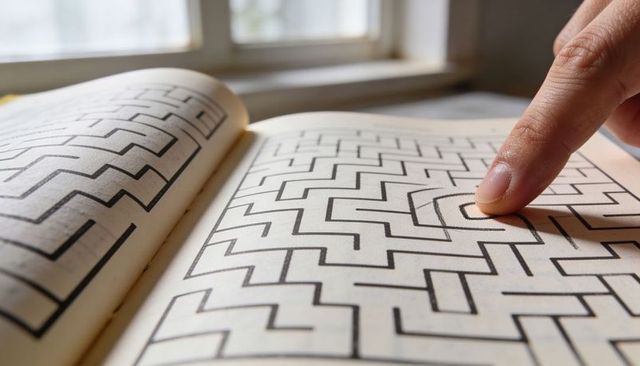 Finger tracing maze in puzzle book, closeup of labyrinth solving, hand following path, daylight