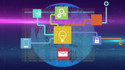 Futuristic Network with Digital Icons and Global Connectivity