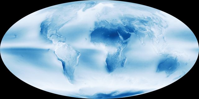 This image demonstrates global cloud coverage based on data between July 2002 and April 2015 collected by NASA's Aqua satellite using the MODIS instrument. Clouds are depicted in varying shades of blue and white. This visual tool is ideal for educational materials, presentations on weather patterns, and research in atmospheric sciences, showing the dominant role clouds play in Earth's climate system.