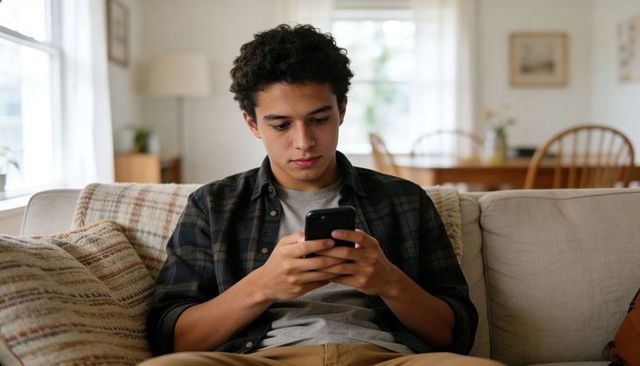 Teen male sitting on couch holding smartphone texting in cozy sunlit living room wearing plaid shirt