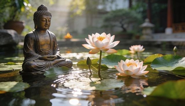 Bronze buddha meditating beside pink lotus pond in serene temple garden at sunrise