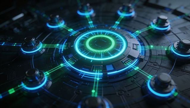 Neon nexus hub radiating cyan green circuit rings on futuristic black tech board