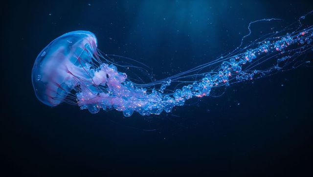 Captivating blue-pink jellyfish floating in deep sea