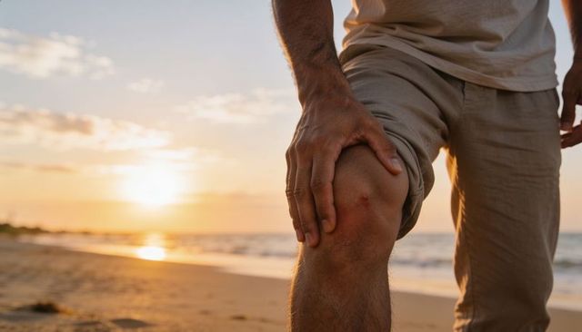 Man pressing scraped knee on sunset beach, close-up leg abrasion with sand and warm light