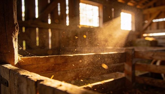 Sunbeams illuminating dust motions in rustic wooden barn stall with cobwebbed post