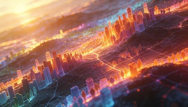 Futuristic neon cityscape simulating smart urban network with human flow markers