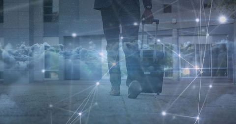Businessman Walking with Luggage Amid Digital Cloud Network
