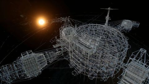 Futuristic Wireframe Space Station Rotating in Deep Space with Central Hub Modules