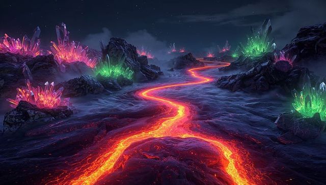 Future-inspired molten lava iridescent alien landscape