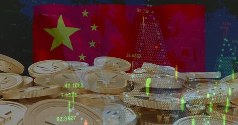 Chinese flag with yen coins and financial data overlay
