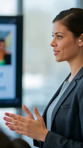Vertical corporate video: professional woman presenting and gesturing in boardroom meeting