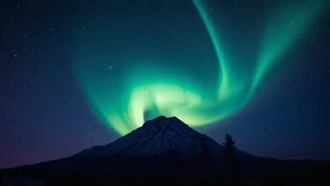 Spiraling aurora borealis dancing above snow-capped mountain with silhouetted pines