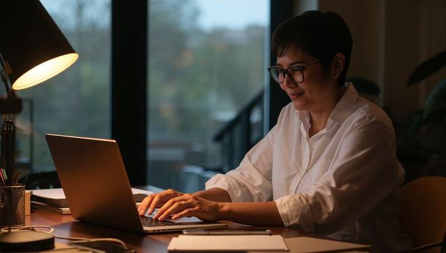 Asian professional working late at home desk with laptop and warm desk lamp