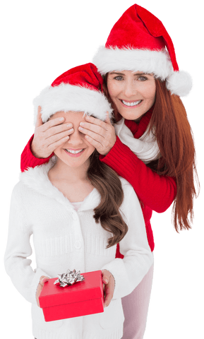 Mother Surprising Daughter with Christmas Gift on Transparent Background