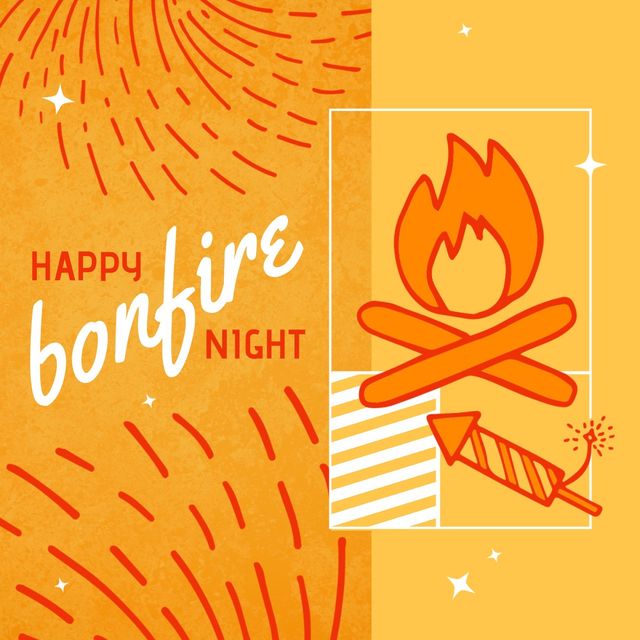 Cheerful graphic for Bonfire Night, featuring vibrant orange tones and festive icons like flames, sparklers, and fireworks. Ideal for social media posts, event invitations, festive decorations, or promotional materials for Bonfire Night festivities.