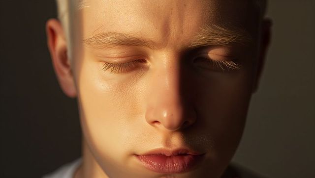 Young male portrait in golden chiaroscuro lighting, eyes closed, contemplative closeup
