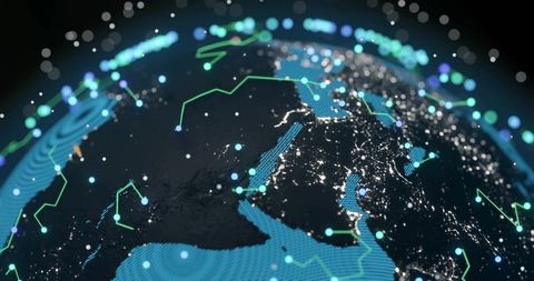 Glowing data globe over mediterranean night featuring city lights, teal mesh and network