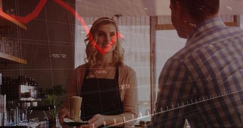 Barista serving coffee to customer with finance chart overlay, cafe business concept