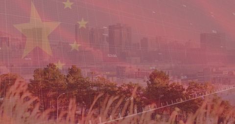 Chinese Flag Overlay with Cityscape and Financial Data