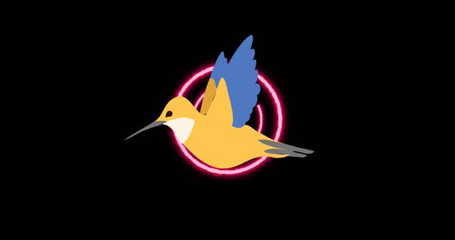 Colorful Illustrated Bird Flying Over Neon Circles on Black Background - Download Free Stock Images Pikwizard.com