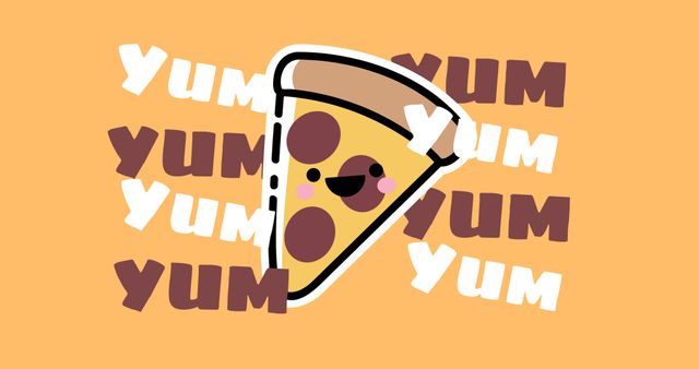 Colorful graphic featuring cartoon-style pizza slice with happy expression and repeating ‘yum’ text on orange background. Ideal for children’s products, social media posts, restaurant promotions, fun merchandise, or educational materials about food.