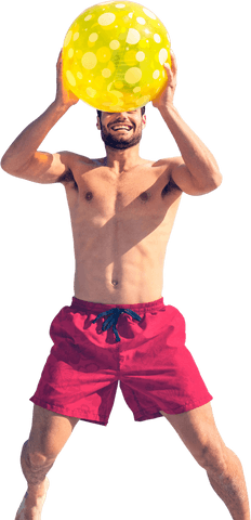 Shirtless Man Holding Yellow Beach Ball on Transparent Background
