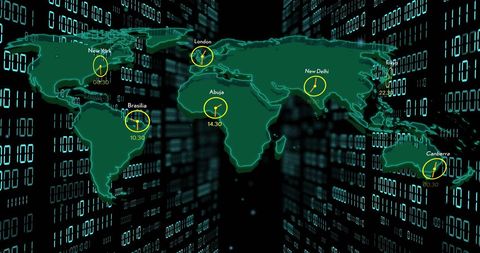 Global Time Zones and Connectivity over Binary Map - Download Free Stock Images Pikwizard.com