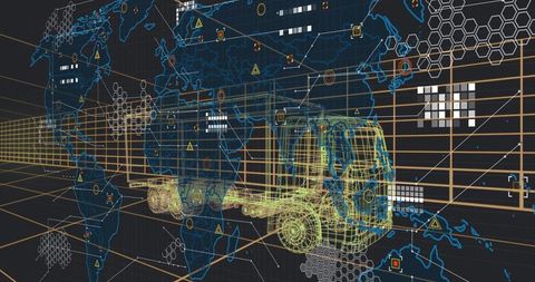 Neon Wireframe Freight Truck Moving on Global Logistics Network with Data Overlay