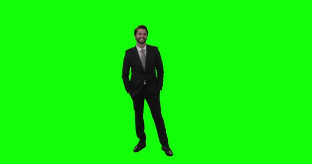 Businessman dressed formally and smiling against a green screen background. Ideal for marketing materials, business presentations, and corporate videos. Useful for digital content creators in creating custom backgrounds and professional business-themed designs.