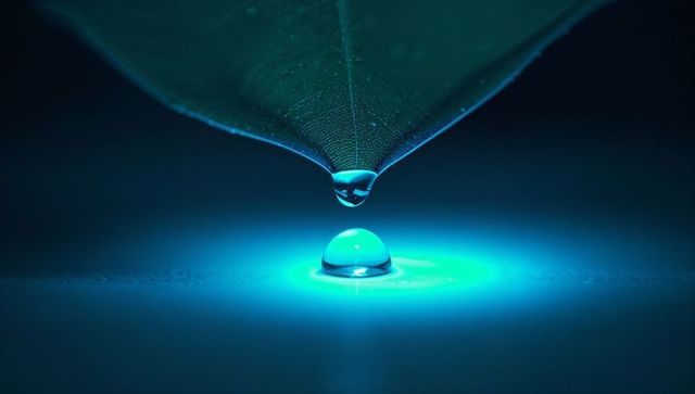 Water Droplet Suspended from Leaf Creates Mesmerizing Sapphire Glow