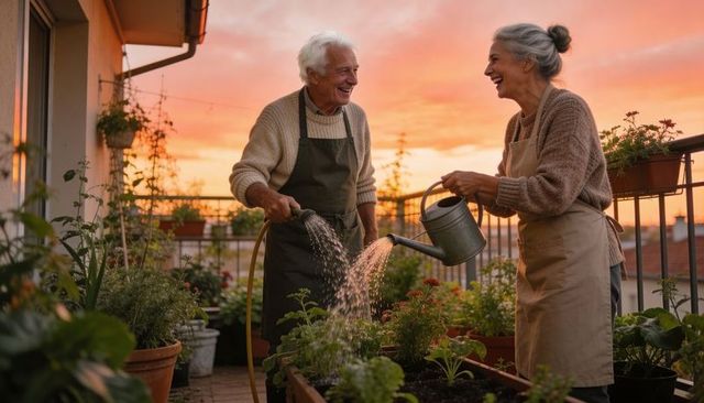 Senior couple watering rooftop garden at sunset laughing while tending herbs