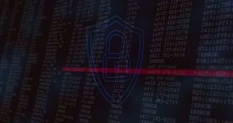 Flashing dotted shield and red alert bar highlighting errors on cybersecurity console