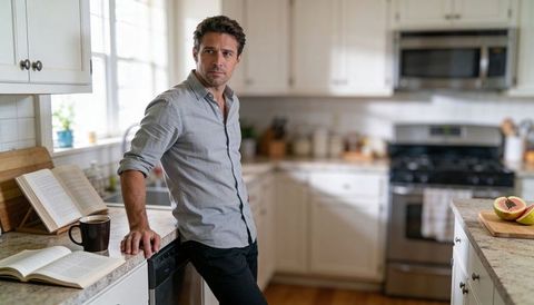 Relaxed man leaning on bright kitchen counter reading open books with coffee and papaya