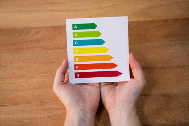 Close-up of woman holding energy efficiency rating chart on a wooden table