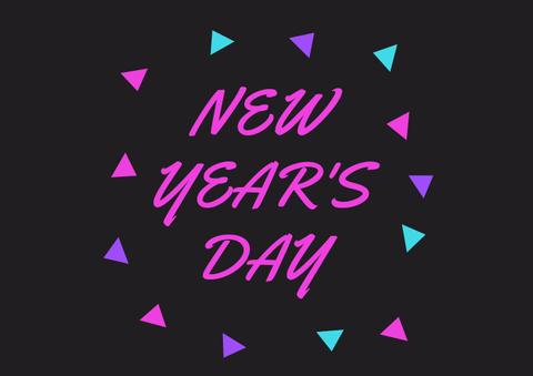 Digital composite image of new year's day text in magenta amidst triangle shapes on black background. christmas, symbol and creativity.