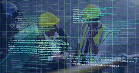 Construction workers collaborating digitally with technological overlay
