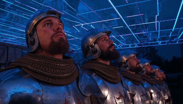 Medieval knights in shining armor standing in formation under modern neon led grid at night