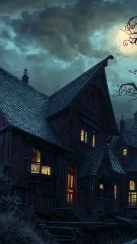 Moonlit Gothic House with Flickering Lights, Drifting Clouds Revealing Full Moon — Vertical Video